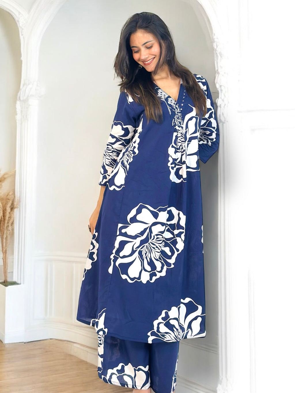Blue Floral Print Cotton Kurta Set