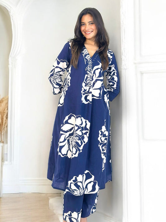 Blue Floral Print Cotton Kurta Set