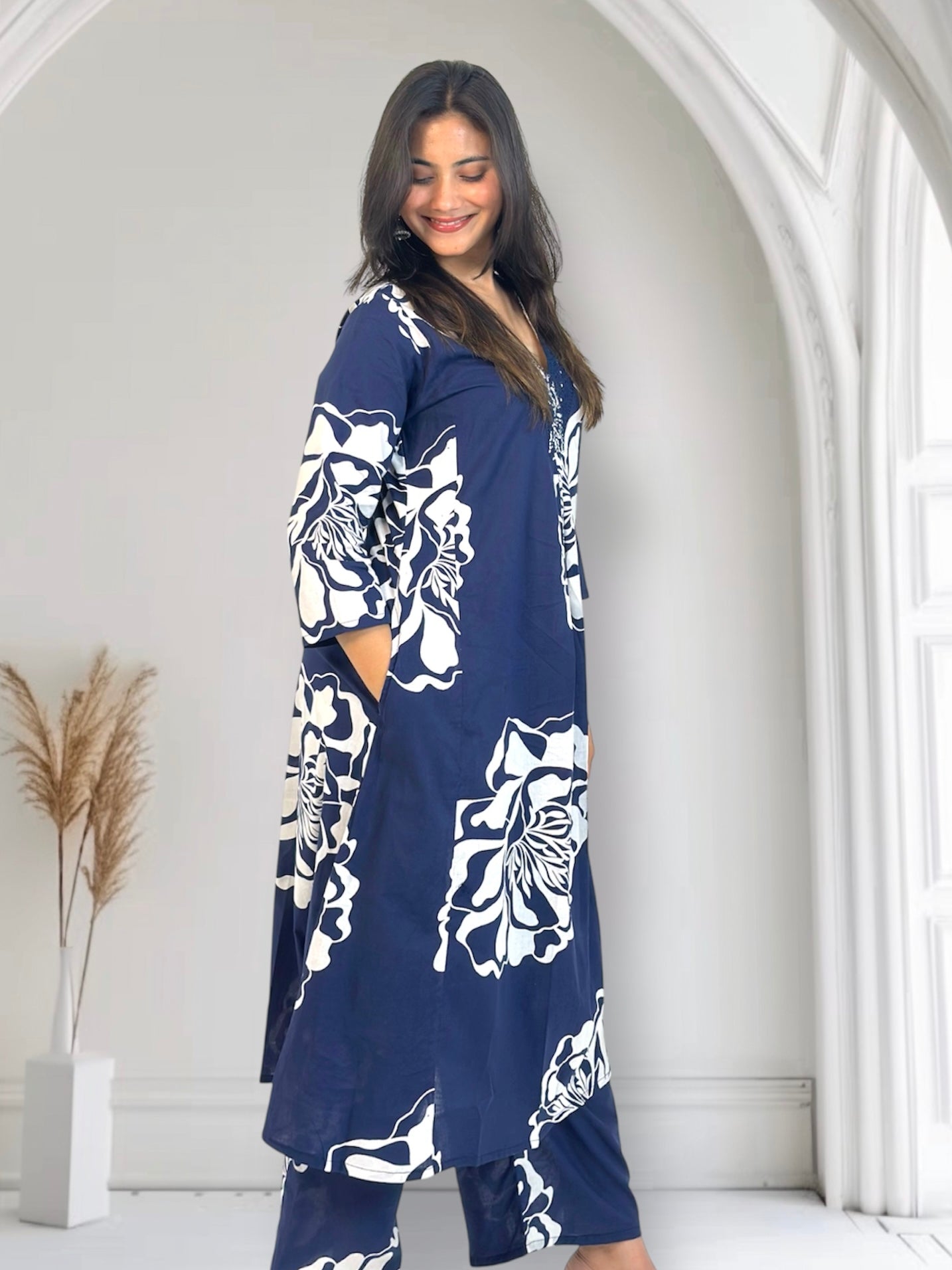 Blue Floral Print Cotton Kurta Set