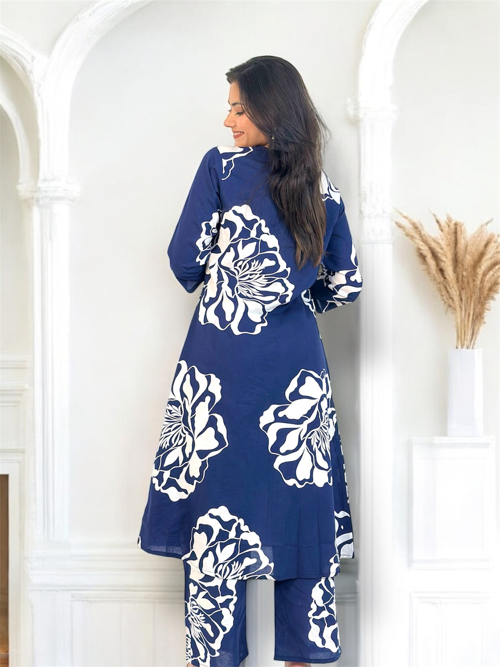 Blue Floral Print Cotton Kurta Set