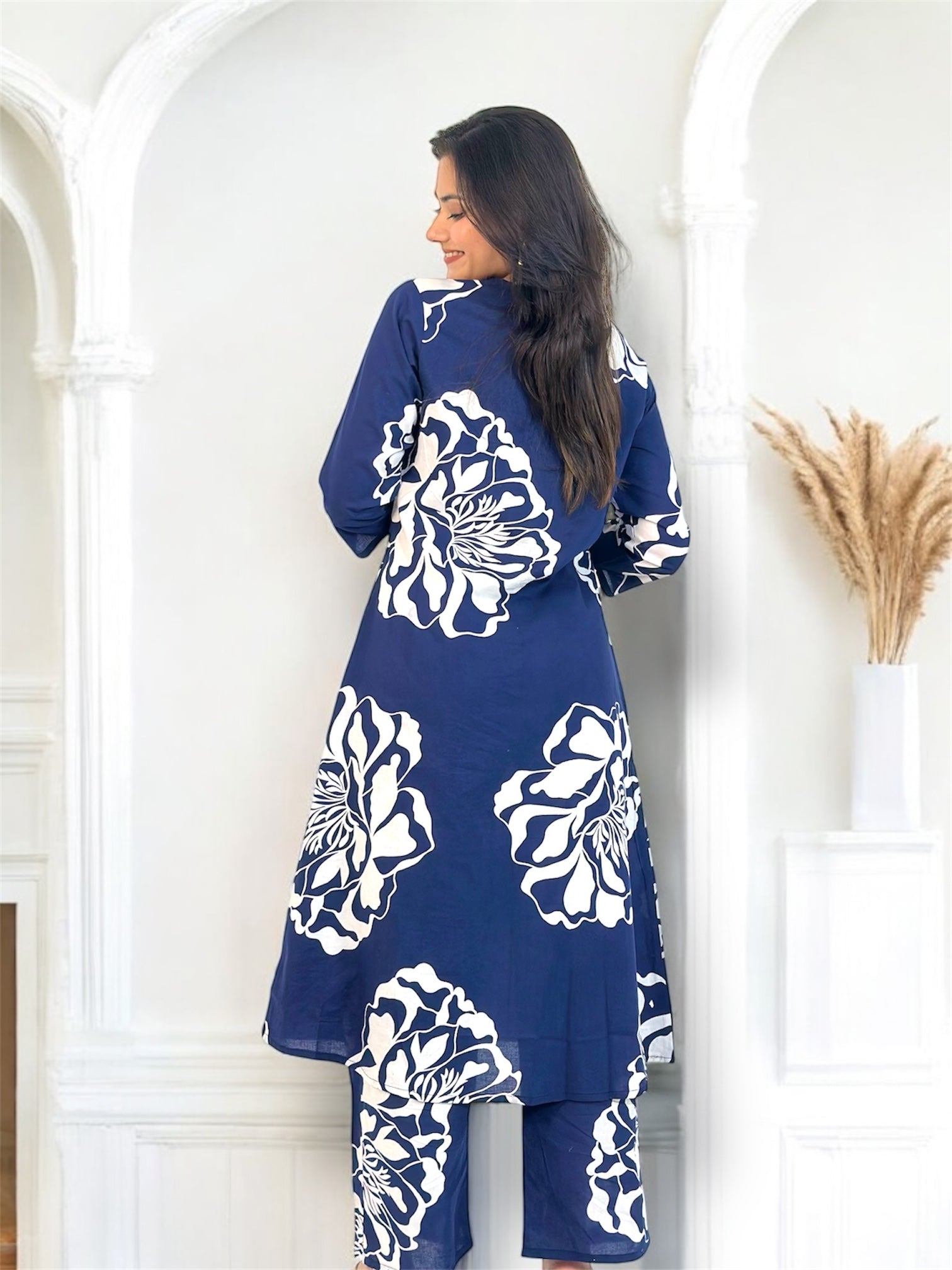 Blue Floral Print Cotton Kurta Set