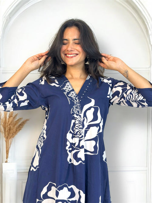 Blue Floral Print Cotton Kurta Set