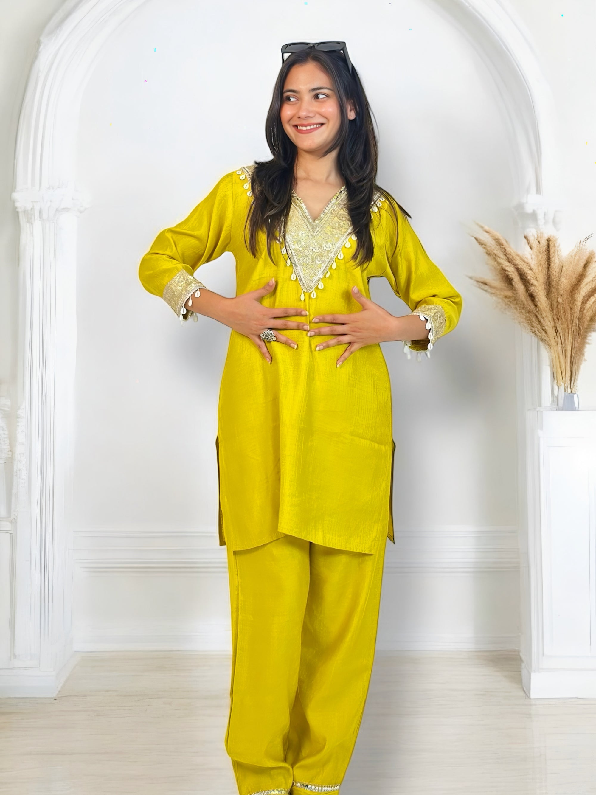 Yellow Embroidered Short Kurta Co-ord Set