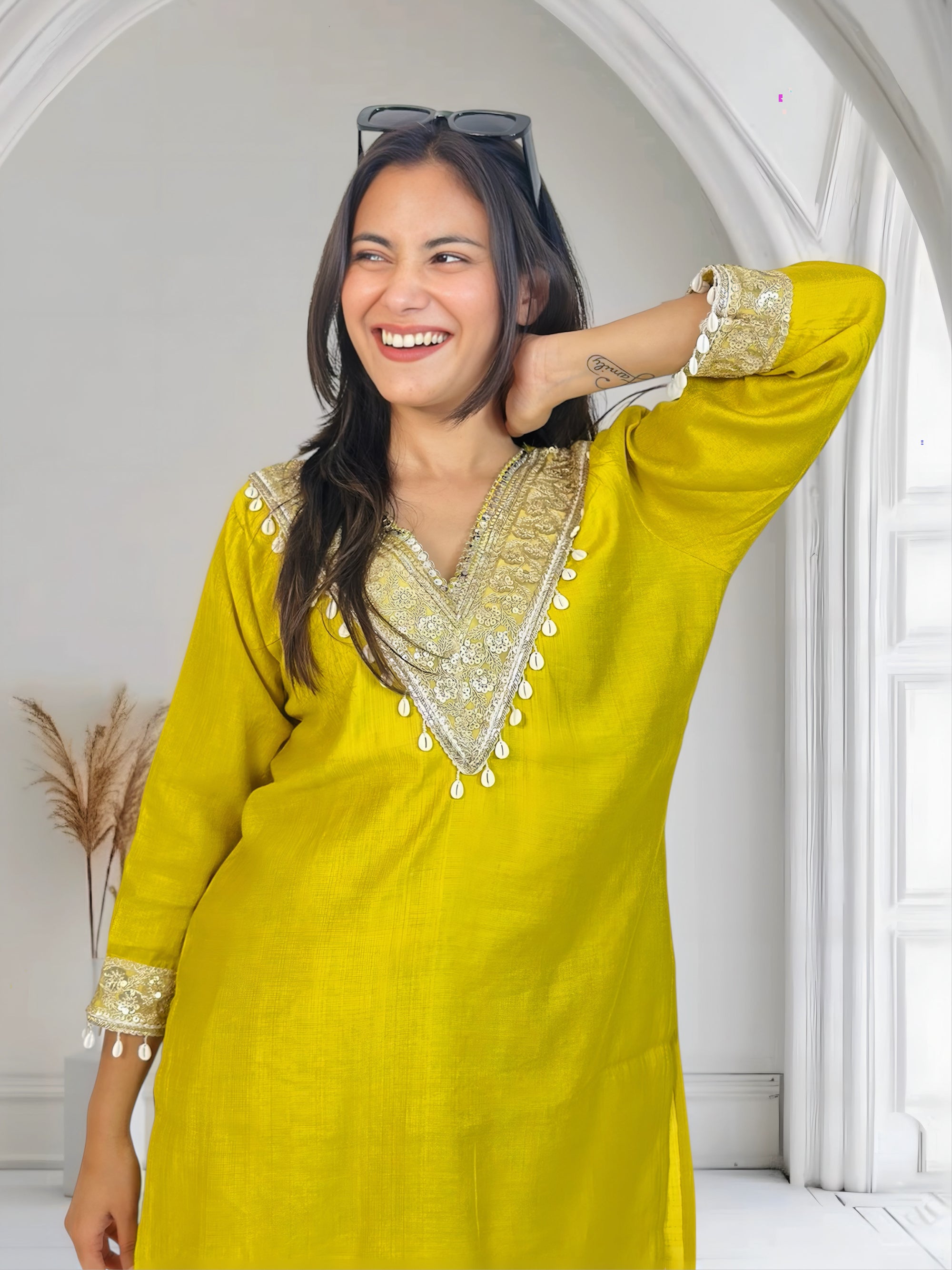 Yellow Embroidered Short Kurta Co-ord Set