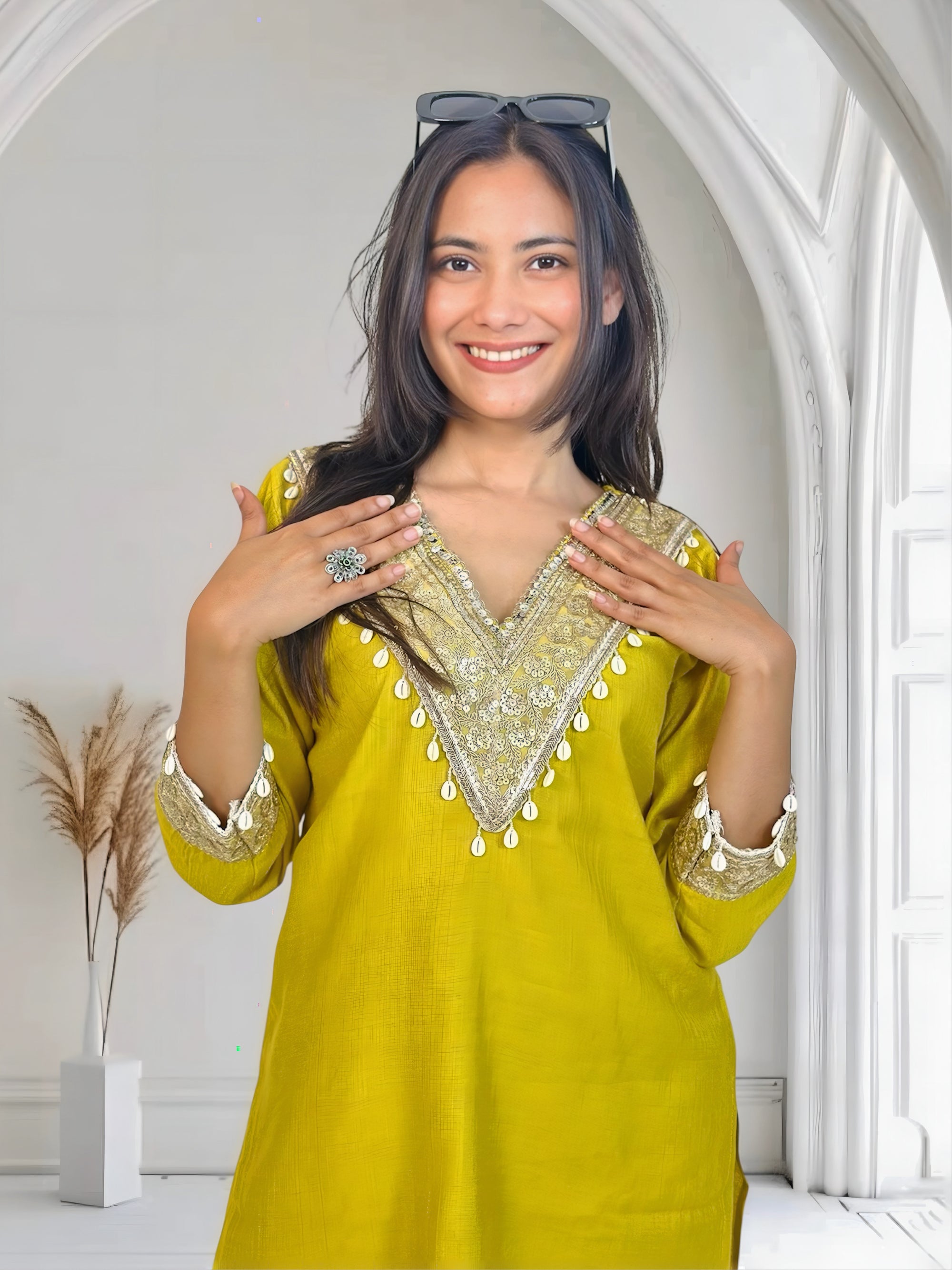 Yellow Embroidered Short Kurta Co-ord Set