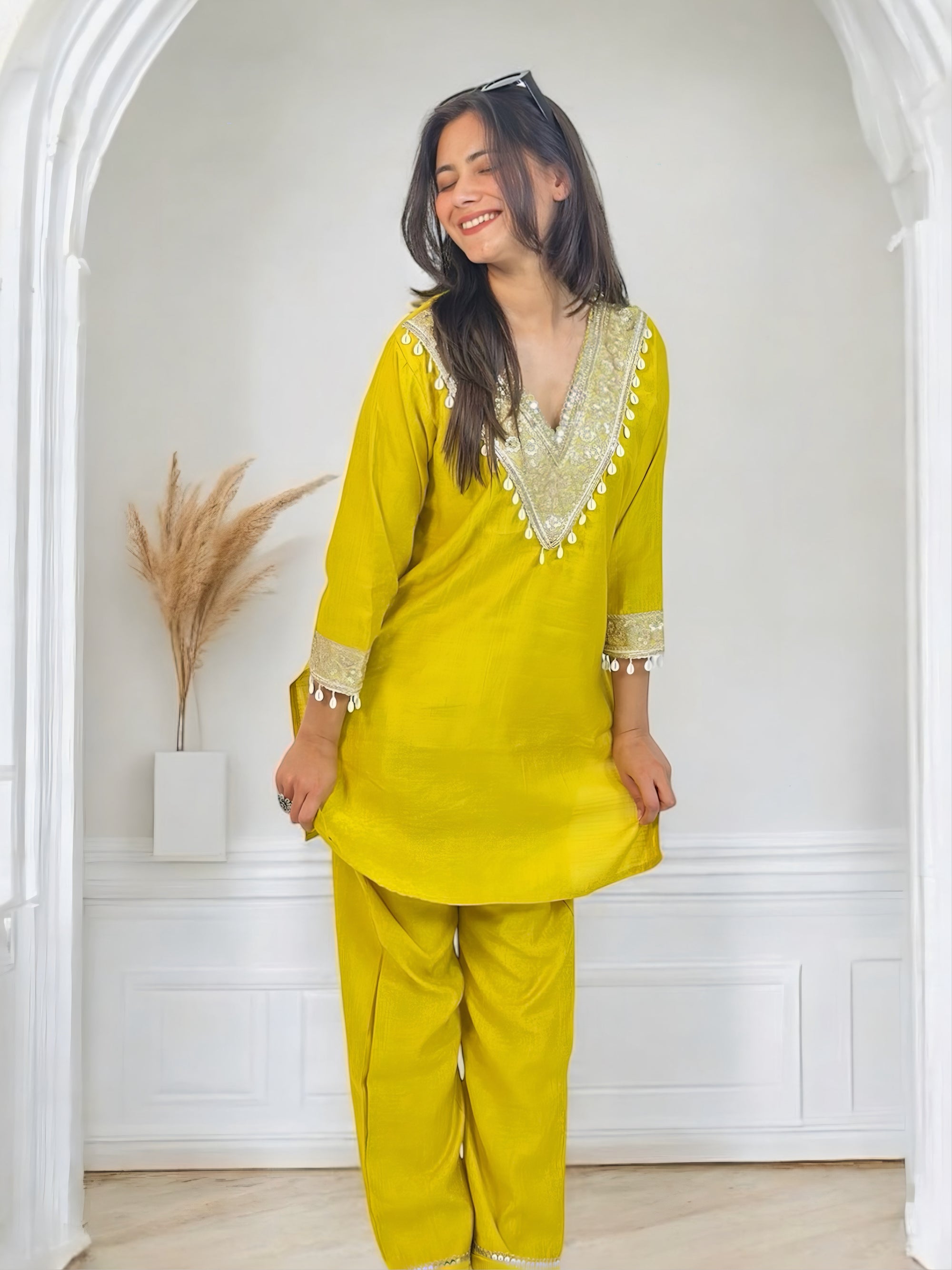 Yellow Embroidered Short Kurta Co-ord Set