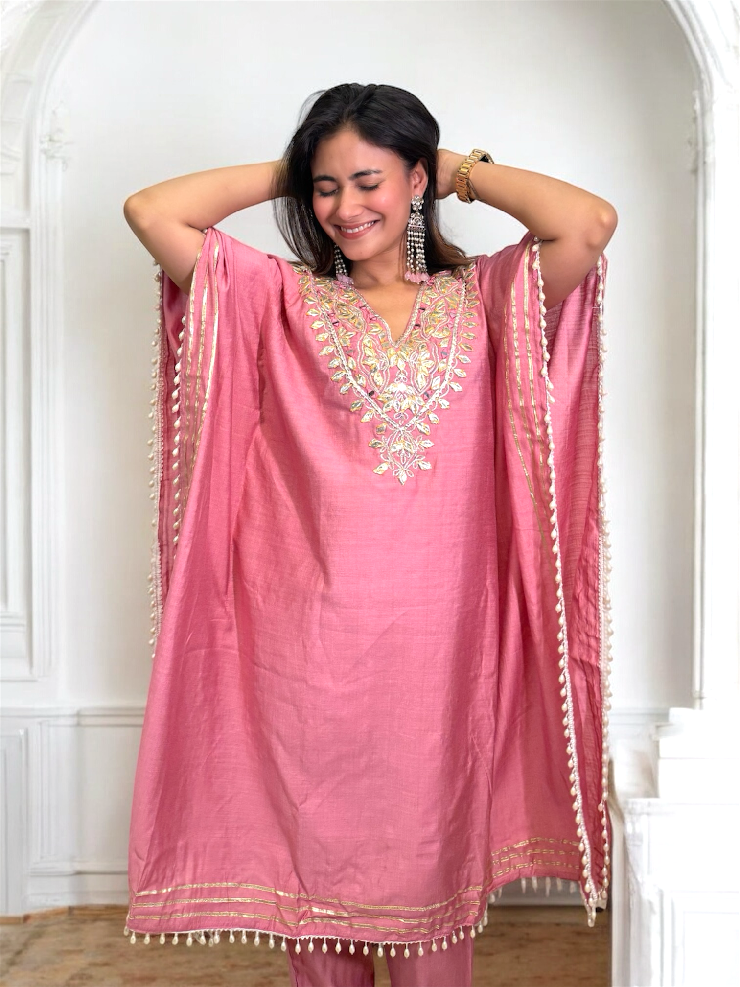 Pink Kaftan Set-Hand Embroidered