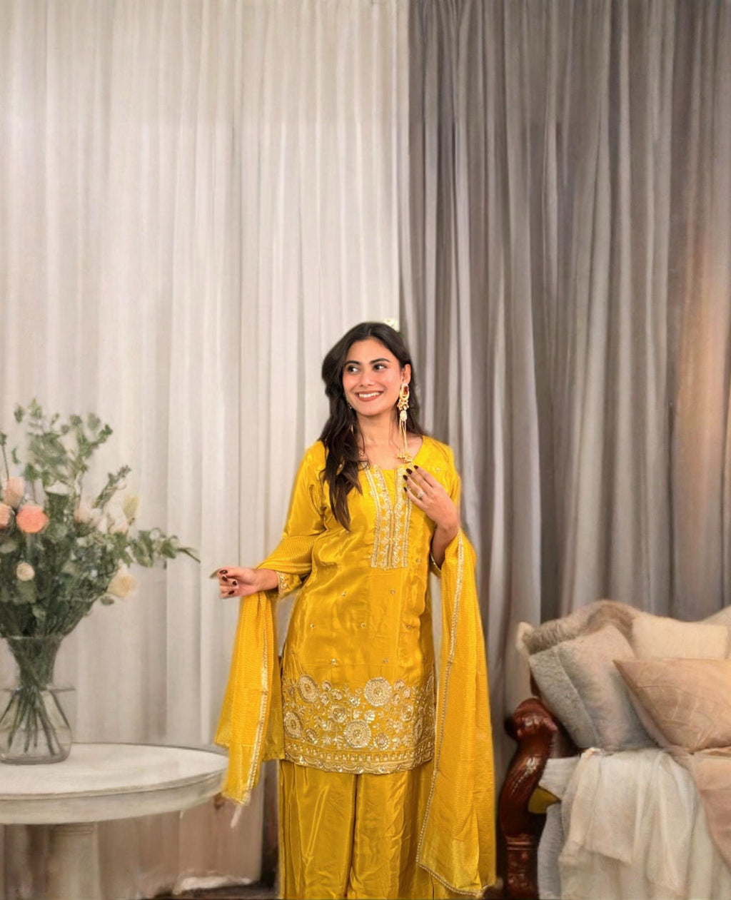 Yellow Pure Crepe suit set