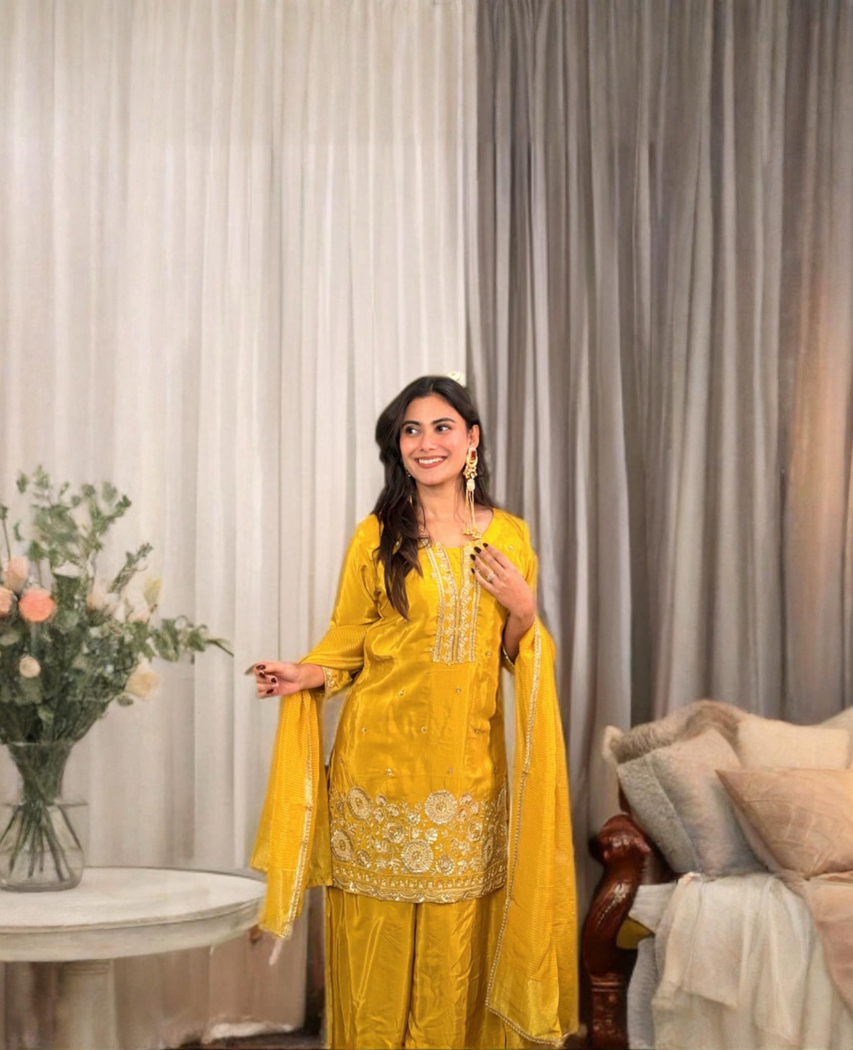Yellow Pure Crepe suit set