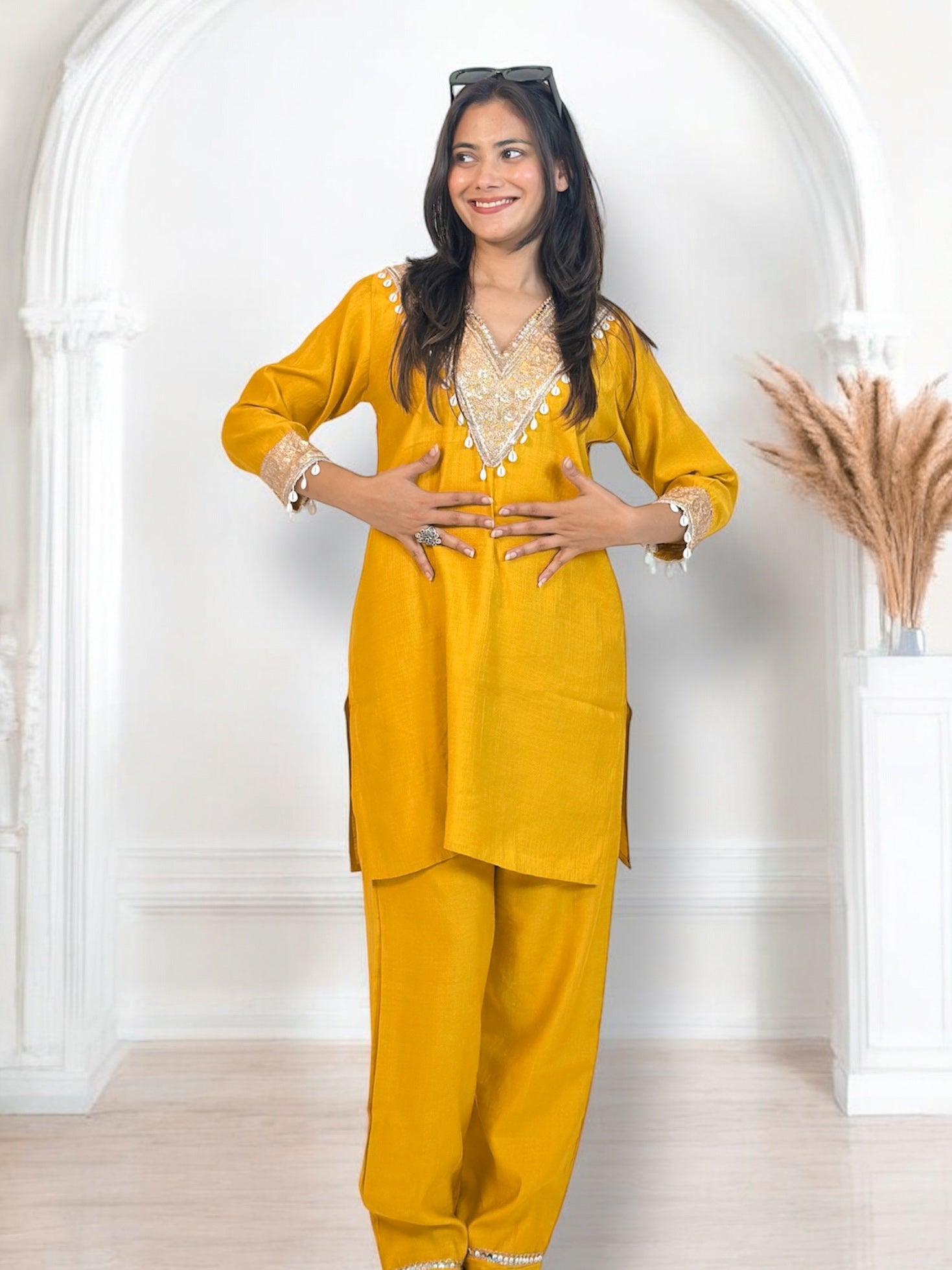 Mustard Yellow Embroidered Short Kurta Co-ord Set