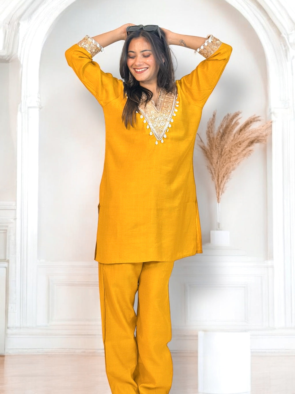 Mustard Yellow Embroidered Short Kurta Co-ord Set