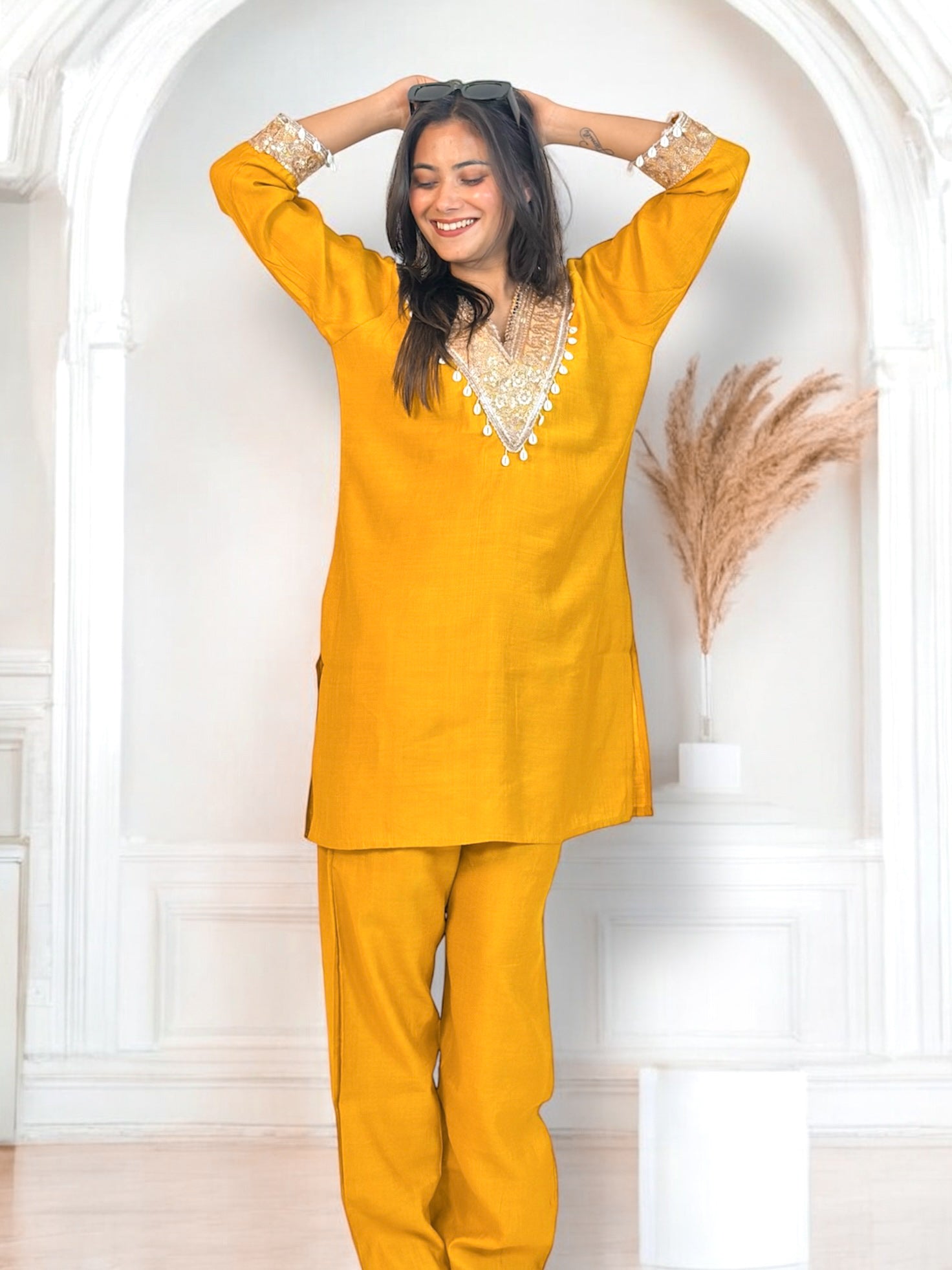 Mustard Yellow Embroidered Short Kurta Co-ord Set