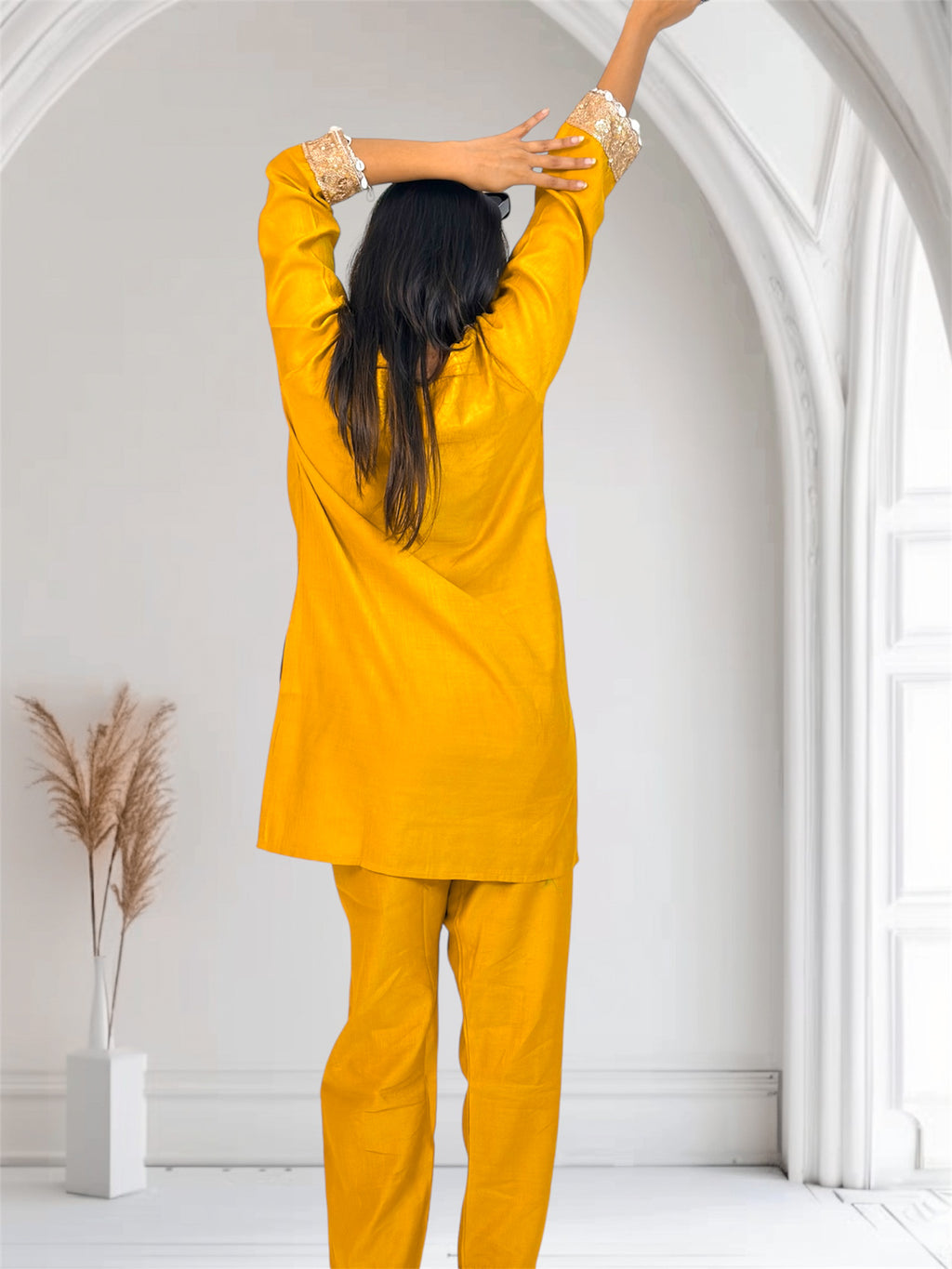 Mustard Yellow Embroidered Short Kurta Co-ord Set