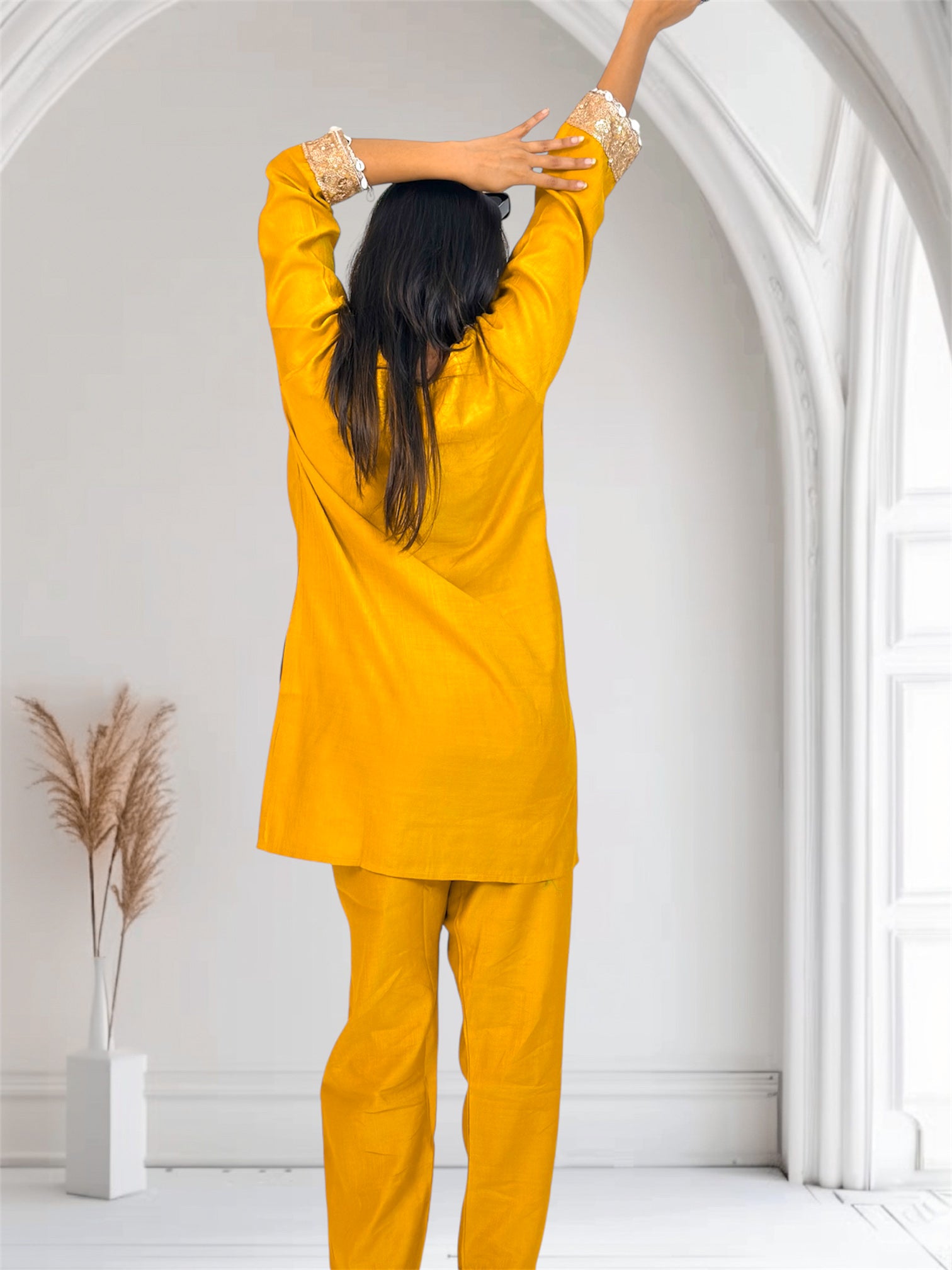 Mustard Yellow Embroidered Short Kurta Co-ord Set