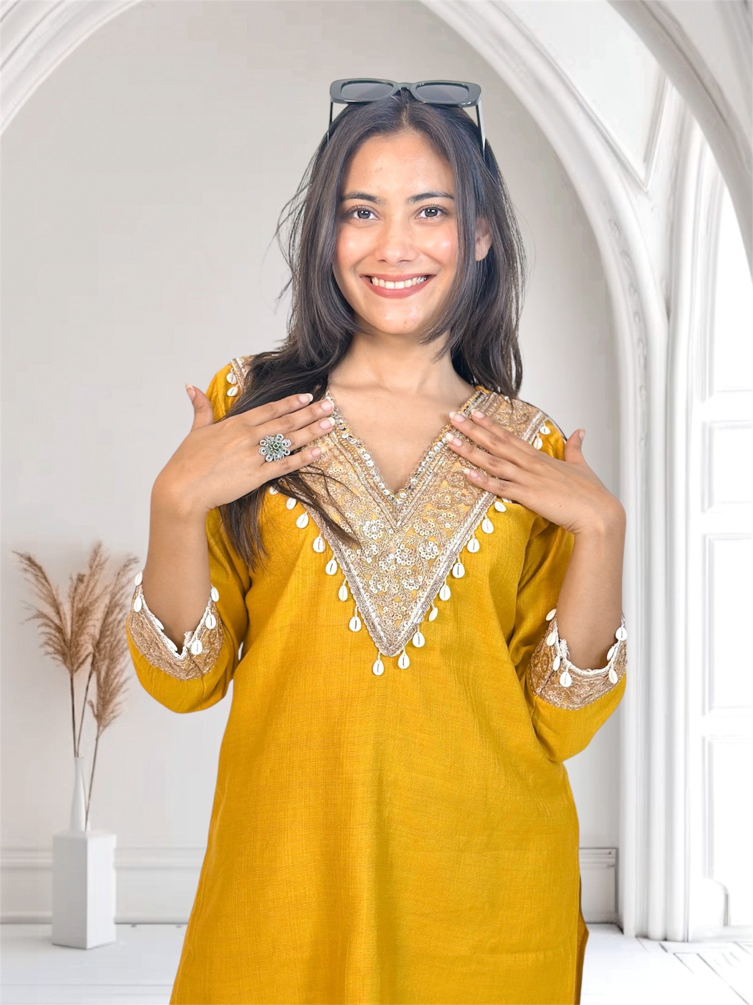 Mustard Yellow Embroidered Short Kurta Co-ord Set