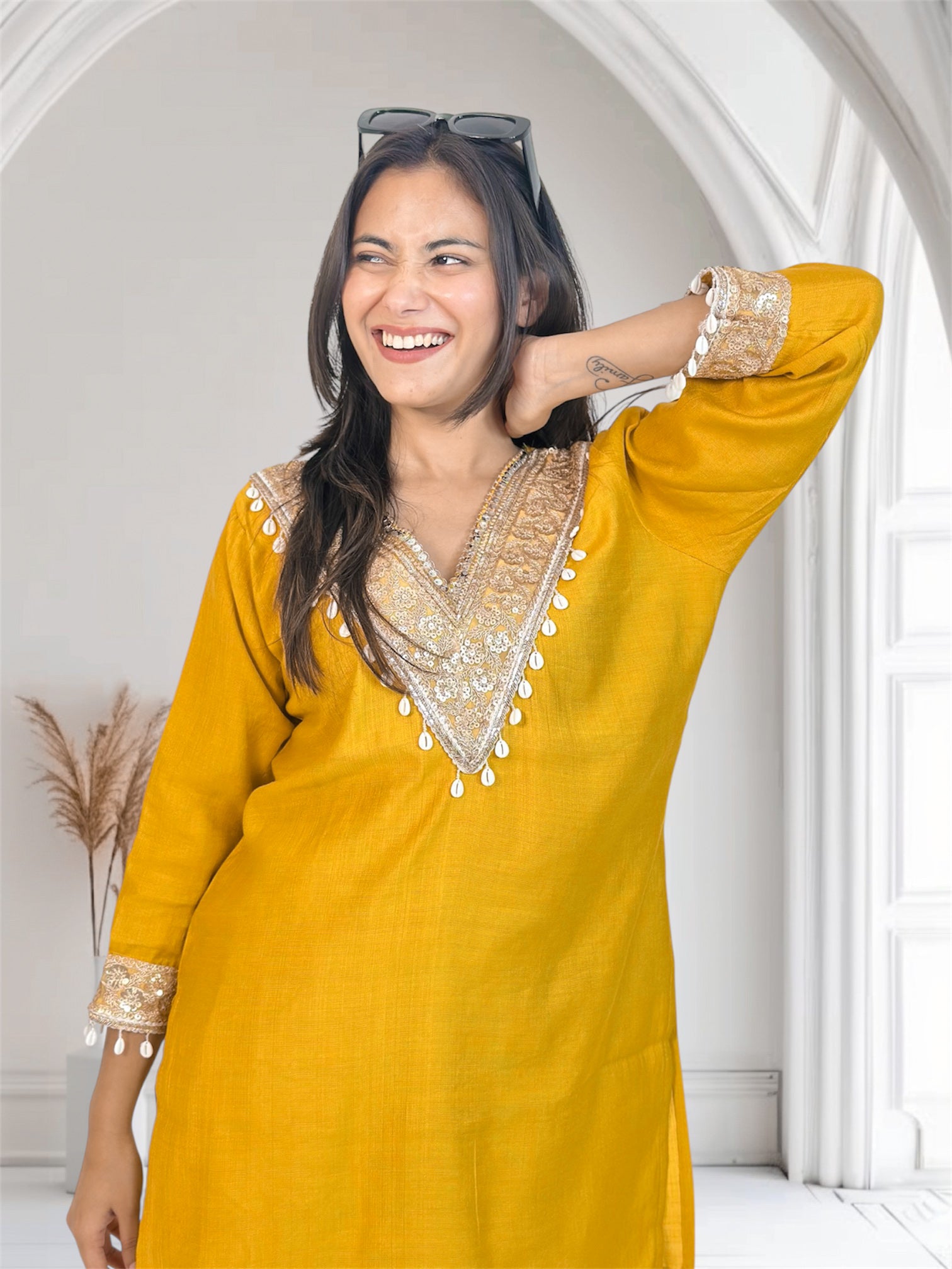 Mustard Yellow Embroidered Short Kurta Co-ord Set