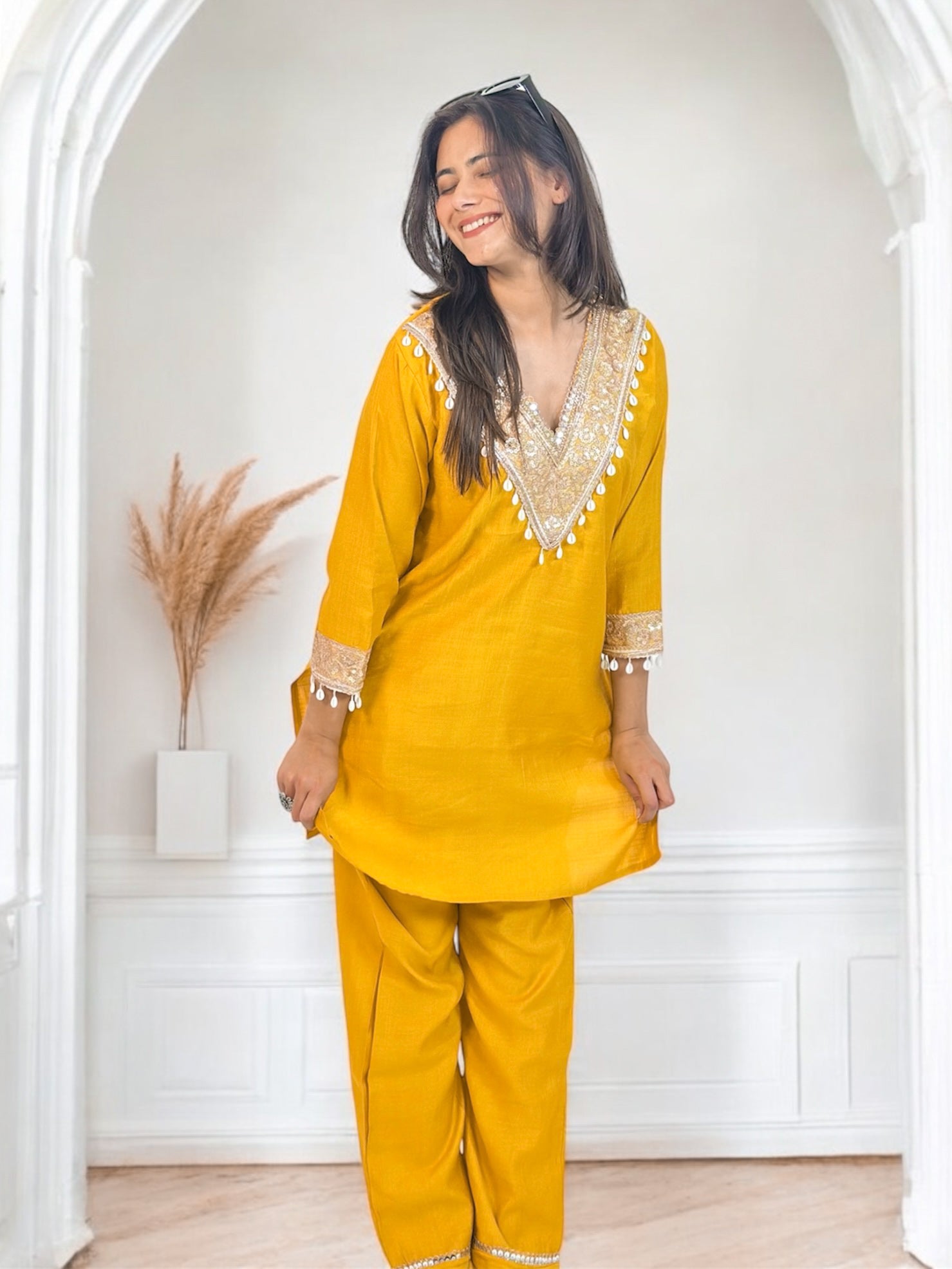 Mustard Yellow Embroidered Short Kurta Co-ord Set