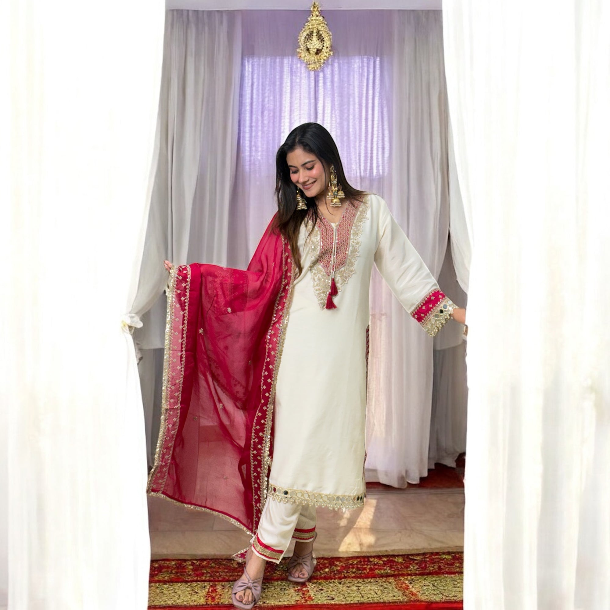Off-White Chanderi Embroidered Suit with Dupatta