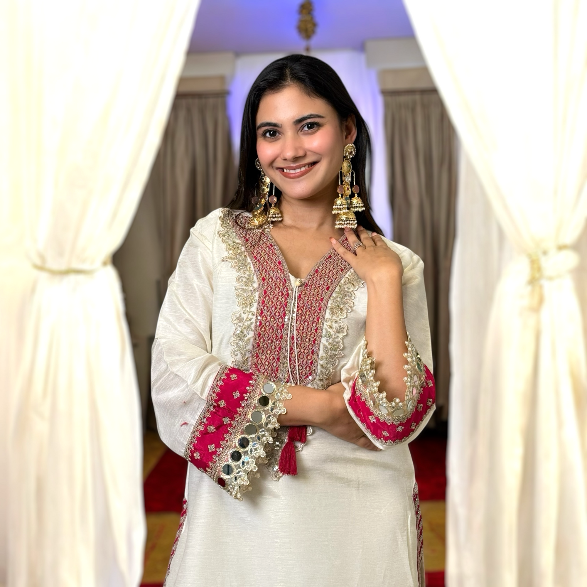 Off-White Chanderi Embroidered Suit with Dupatta