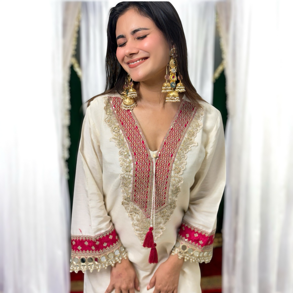 Off-White Chanderi Embroidered Suit with Dupatta