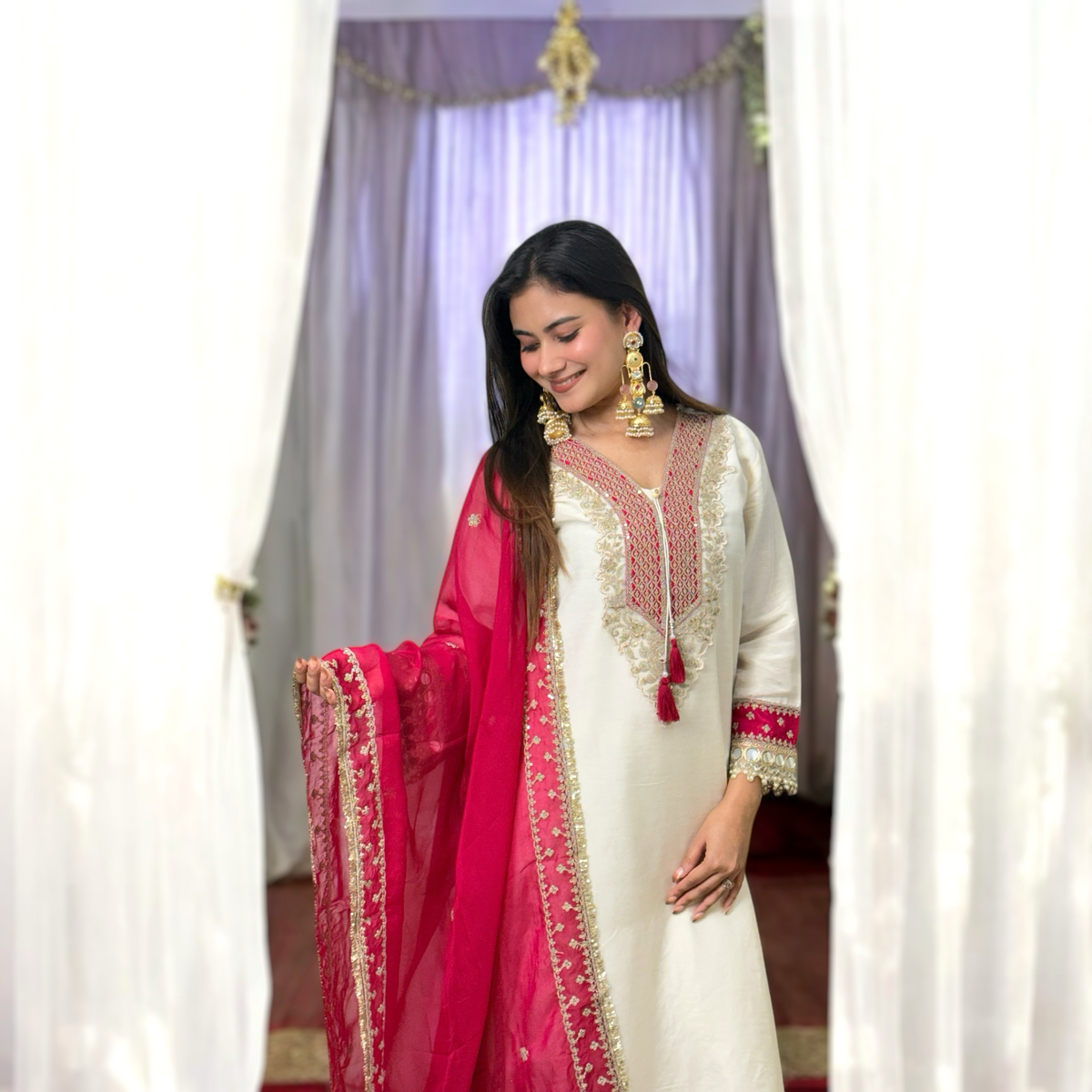 Off-White Chanderi Embroidered Suit with Dupatta