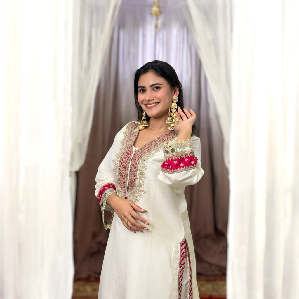 Off-White Chanderi Embroidered Suit with Dupatta