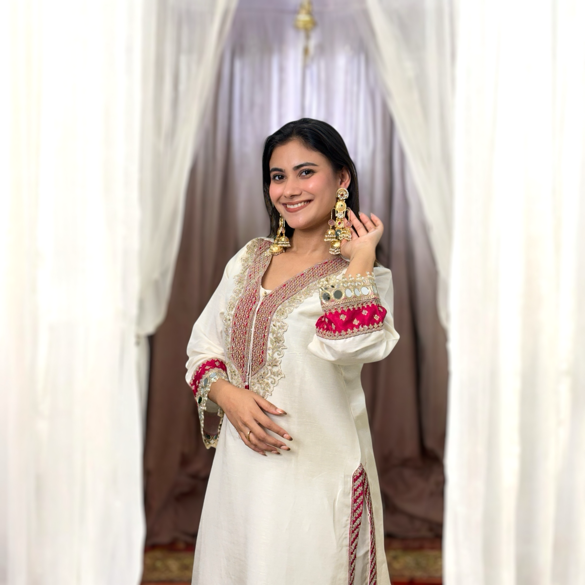 Off-White Chanderi Embroidered Suit with Dupatta